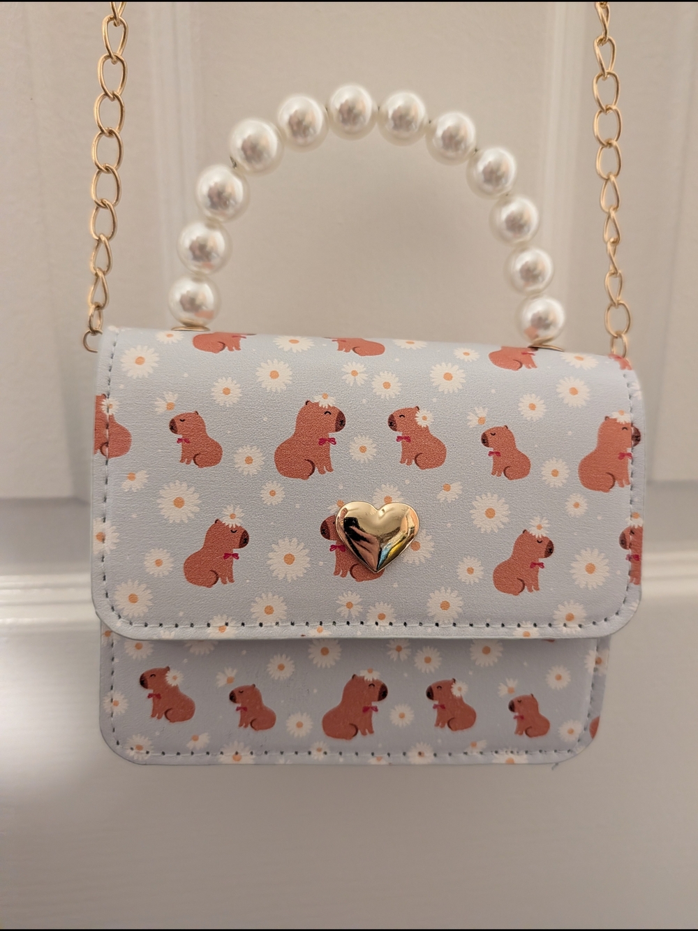 Mini/Crossbody Purse with Capybaras and Faux Pearl Handle